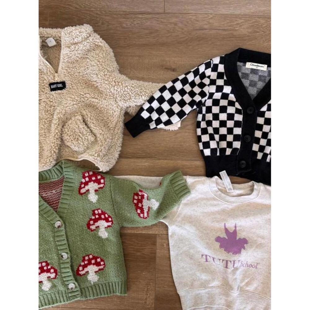 Cute 4 pc toddler girls fuzzy mushroom checkered sweater lot 2T